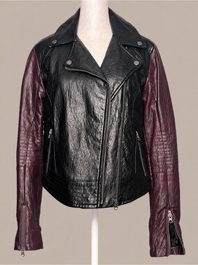 Kiind Of | Cropped Contrast Sleeve Moto Jacket | Vegan Leather | Small